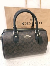 NWT Coach Rowan Satchel Bag Signature Logo Canvas Gold Walnut Black Med. CV961