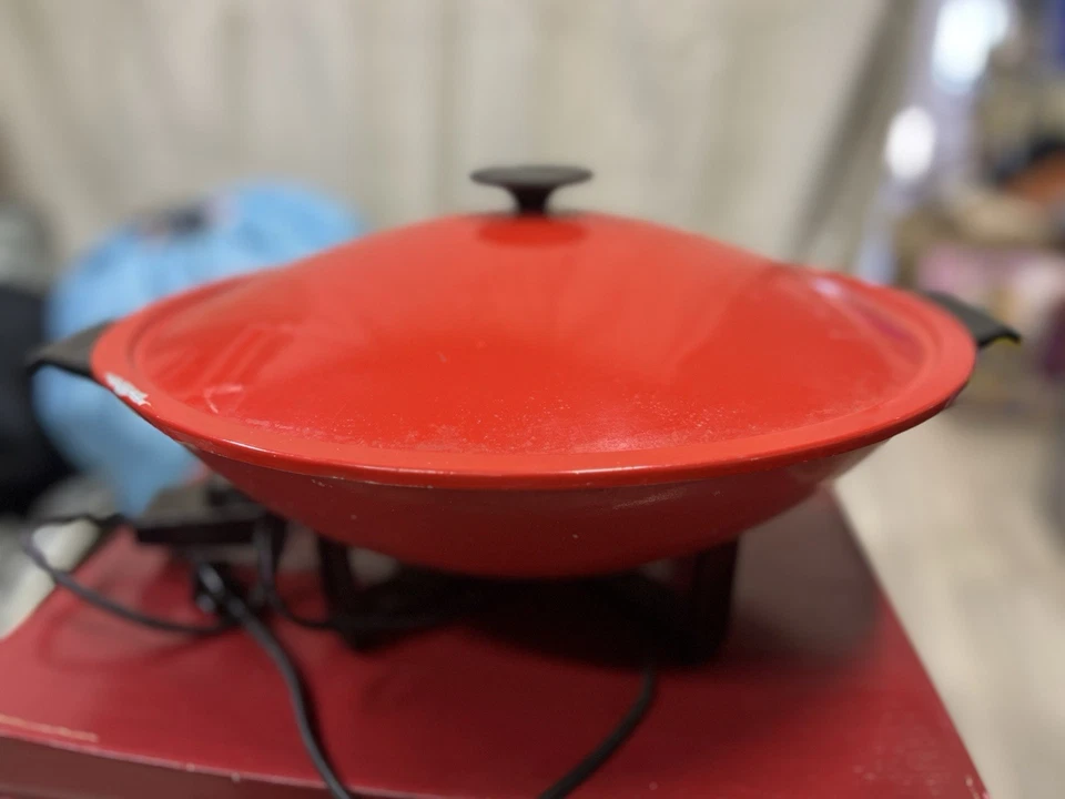 Wok eléctrico vintage Kenmore MCM de 6 cuartos de galón superficie antiadherente rojo 15" funciona muy bien Foto 2 de 4