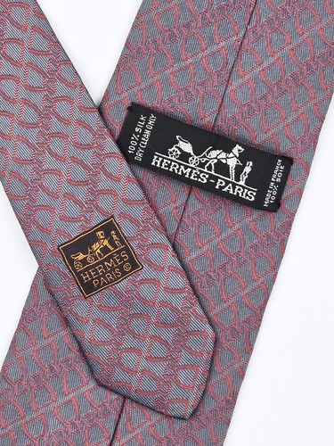 HERMES TIE 758713 T Red Stirrup Striped on Gray Jacquard Silk Necktie - Imagen 5 de 7