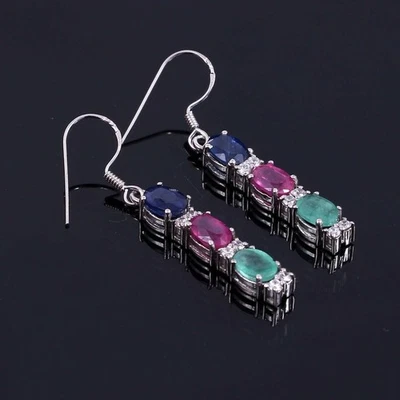Blue Sapphire Ruby Emerald Earrings,Dangle Statement Earring,925 Sterling Silver - Image 1 of 3