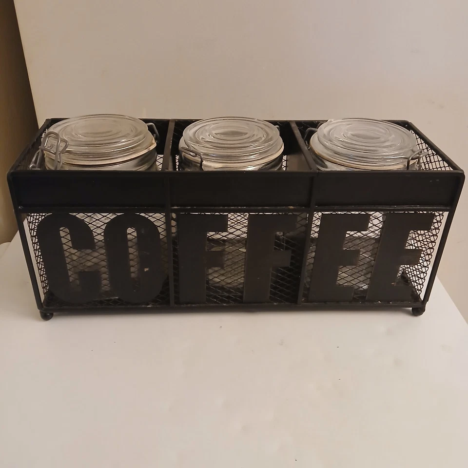 3 MASON JAR Clamp Lid Canisters WITH Black Metal Coffee Bar Display Cream Sugar - Image 2 of 4