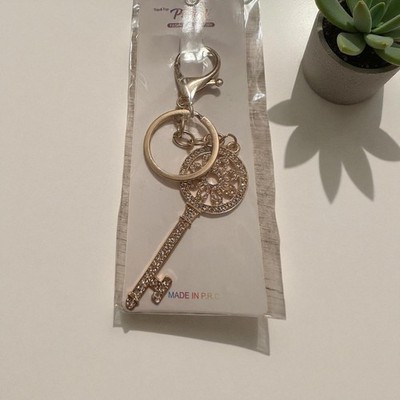 Goldtone Key Shaped Keychain with Rhinestone Detailing
