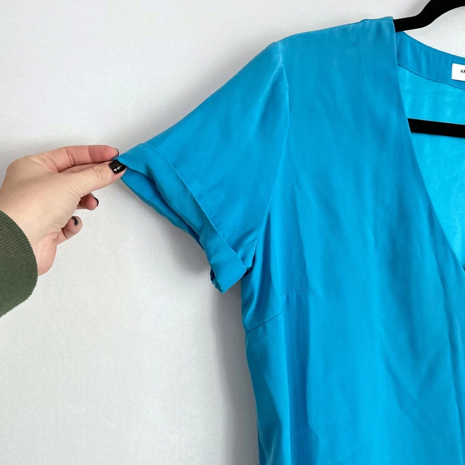 Amanda Uprichard Silk Mini Shift Dress V Neck Short Sleeve Turquoise Blue Size L - Image 4 of 4