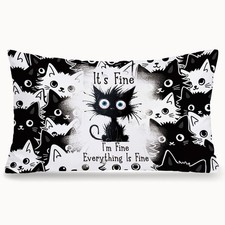 Funny Black Cat 12x20 Pillow Cover, Cat Lover Gifts for , It's Fine I'm Fine ...