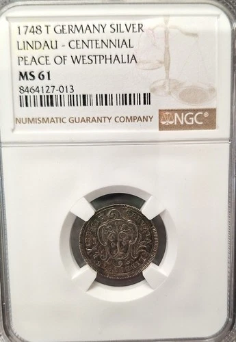GERMANY LINDAU 1748'T' SILVER PEACE OF WESTPHALIA NGC MS61 (PATTERN 1/2 DUCAT)