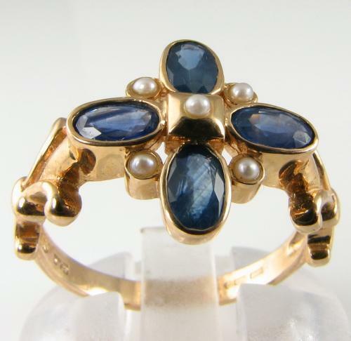 9K GOLD BLUE SAPPHIRE PEARL ART DECO INS CLUSTER BEZEL SET RING FREE RESIZE - 第 1/6 張圖片