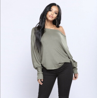 Fashion Nova Army Green Off The Shoulder Long Sleeve Top Size XS