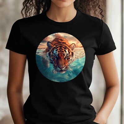 Frauen T-Shirt Tiger Schwimmt im Meer Motiv Baumwolle Größe S bis 3XL