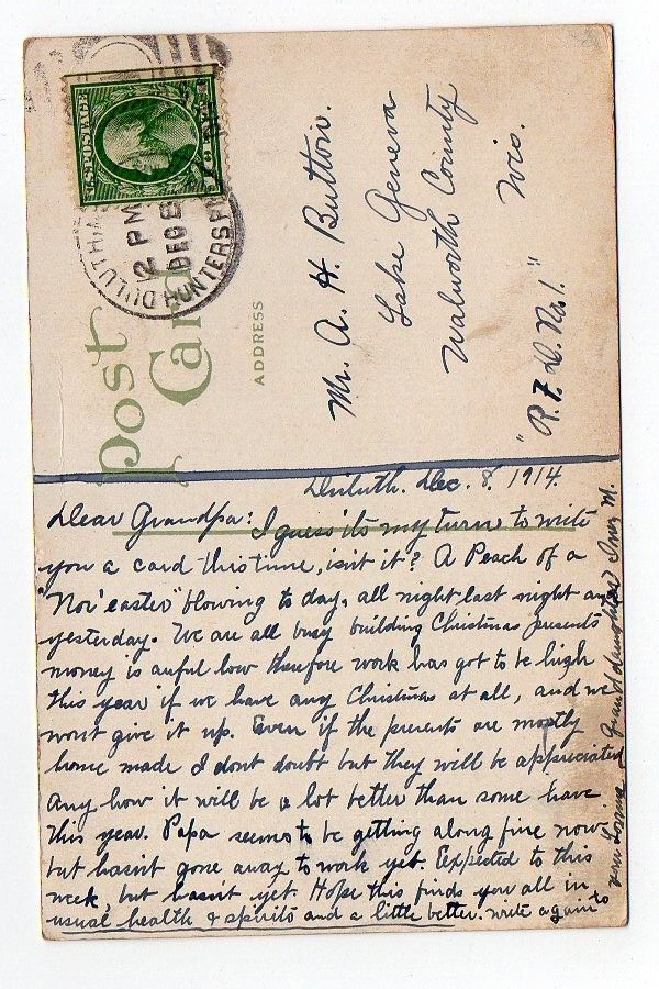 DB Postcard, Post Office, Duluth, Minn., Minnesota, 1914, Christmas