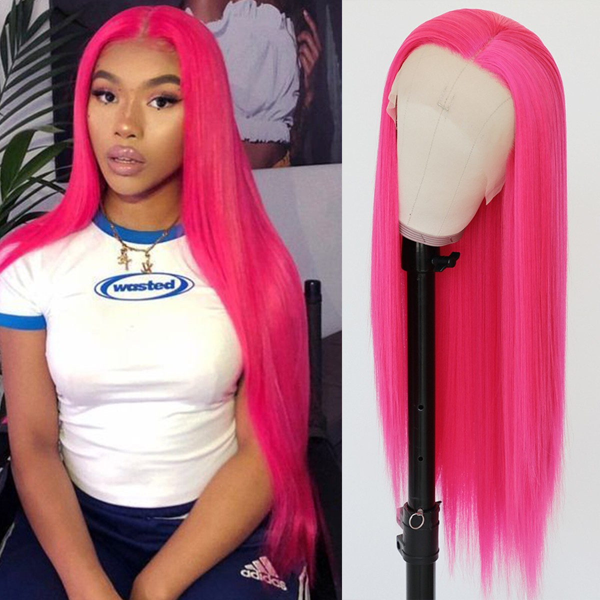 Pink Synthetic Lace Front Wigs Women Long Straight Hair Pre