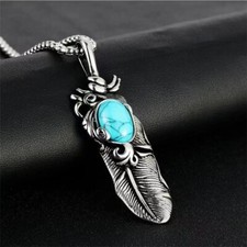 Men's Turquoise Feather Pendant Necklace Chain Punk Rock Biker Jewelry Gift