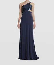 $595 Halston Women Blue Sequined Asymmetrical Cutout Gown Dress Size 12