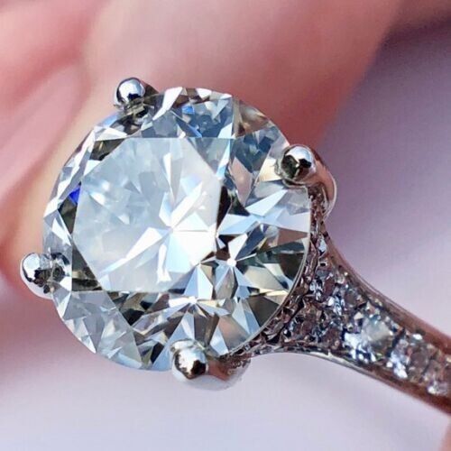 14k White Gold Three Stone Round and Pavé Set Diamond Engagement Ring