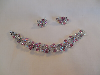 Vintage Liser silver tone pink AB rhinestones bracelet & matching earrings