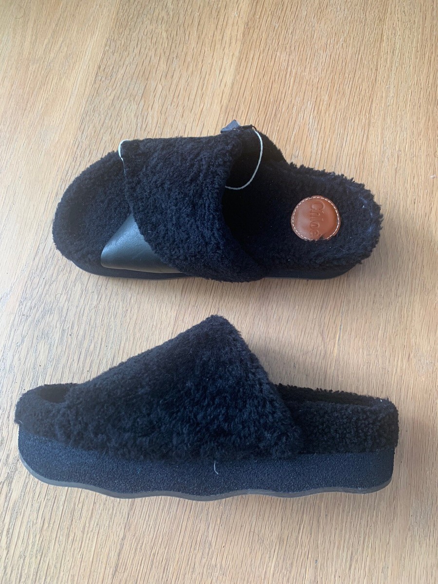 CHLOE Shearling Fur Black Leather Slip on Slide Sandals size 4UK
