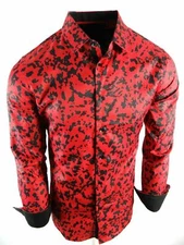 Mens Pavini Shirt Red Black Limited Ed. Confetti Abstracts Slim Fit Button Front