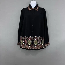 Victor Costa Blouse Womens Small Black Embroidered Button Detail Long Sleeve
