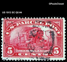 US 1913 SC Q5 PARCEL POST MAIL TRAIN 5¢ CARMINE ROSE UNG P12 F/VF #4