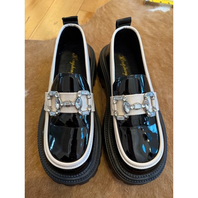 Hongsheng Platform Loafers Lug Sole Jewel Buckle Black Patent Shoes 40