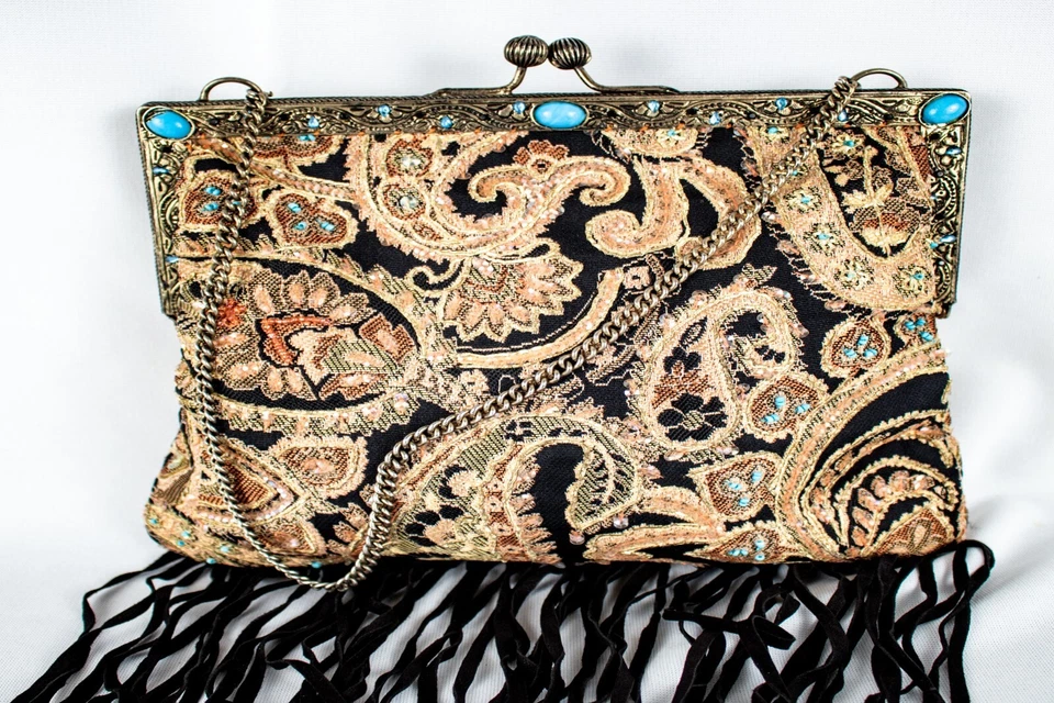 Cartera sin asas negra bordada cachemira turquesa cuentas vintage para mujer con solapa Foto 2 de 4