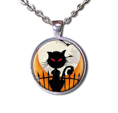 Spooky Black Cat Full Moon Halloween Handmade Round Glass Pendant Necklace