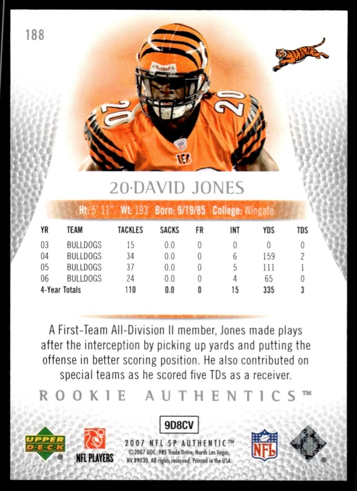 2007 SP Authentic David Jones Rookie 083/999 Cincinnati Bengals #188 R25 - Image 2 of 2