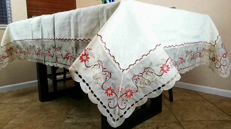 White Large 72x126" Embroidered Red Poinsettia Christmas Tablecloth 12 Napkins - Image 2 of 4