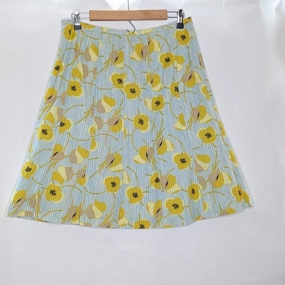 Falda Sigrid Olsen Talla 8 Amarillo Estampado Floral Línea A Hasta la Rodilla 100% Algodón Azul Foto 3 de 4