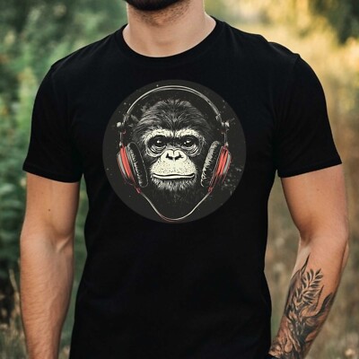 Men's Monkey with Headphone Print Cotton T-Shirt Size XS to 5XL
