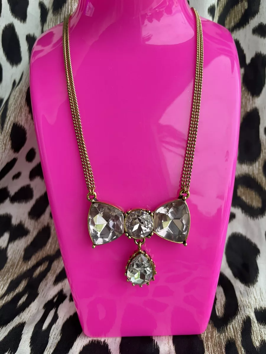 Betsey Johnson SPARKLY Pink Crystal Bows Large Rhinestone Bow Gold Necklace  RARE