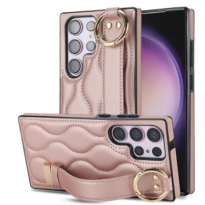 For Samsung Galaxy S24 Ultra S23 S22 Soft PU Leather Case with Strap Ring Holder