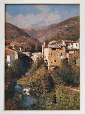 Armando Romano Bridge over river Italian Alpine Village Oil painting signed