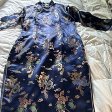 Women s Blue Satin Cheong-sam Qipao Dress, Dragon Phoenix Print, Size M