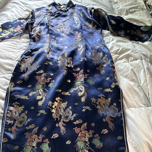 Women’s Blue Satin Cheong-sam Qipao Dress, Dragon & Phoenix Print, Size M