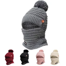 3 in 1 Women Beanie Cap Bobble Scarf Mask Set Knitted Winter Warm Snow Ski Cap