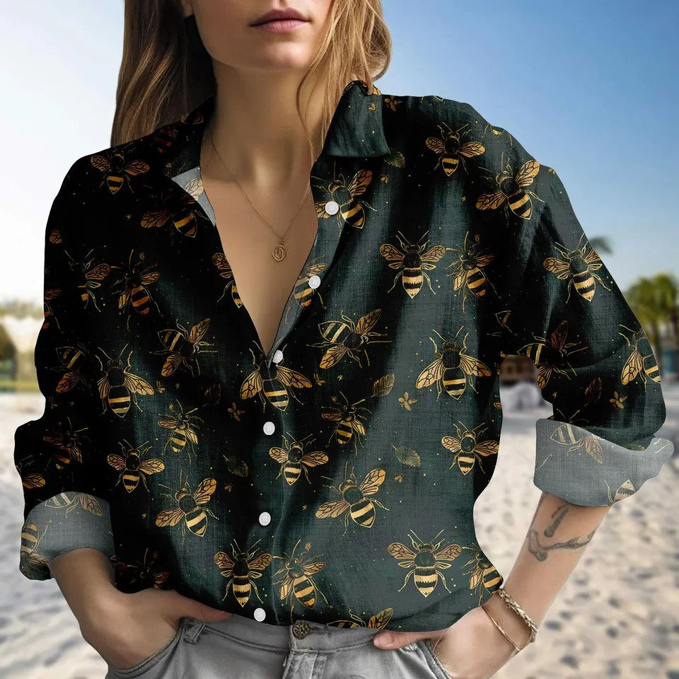 Women's Vintage Honey Bee Botanical Print Button Up Shirt Casual Insect Top