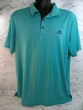 Men's Adidas Golf Polo Size L Aqua Blue Striped Short Sleeve