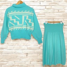 Vintage Abstract Retro Knit Turtleneck Balloon Sleeve Sweater Midi Skirt Set XS