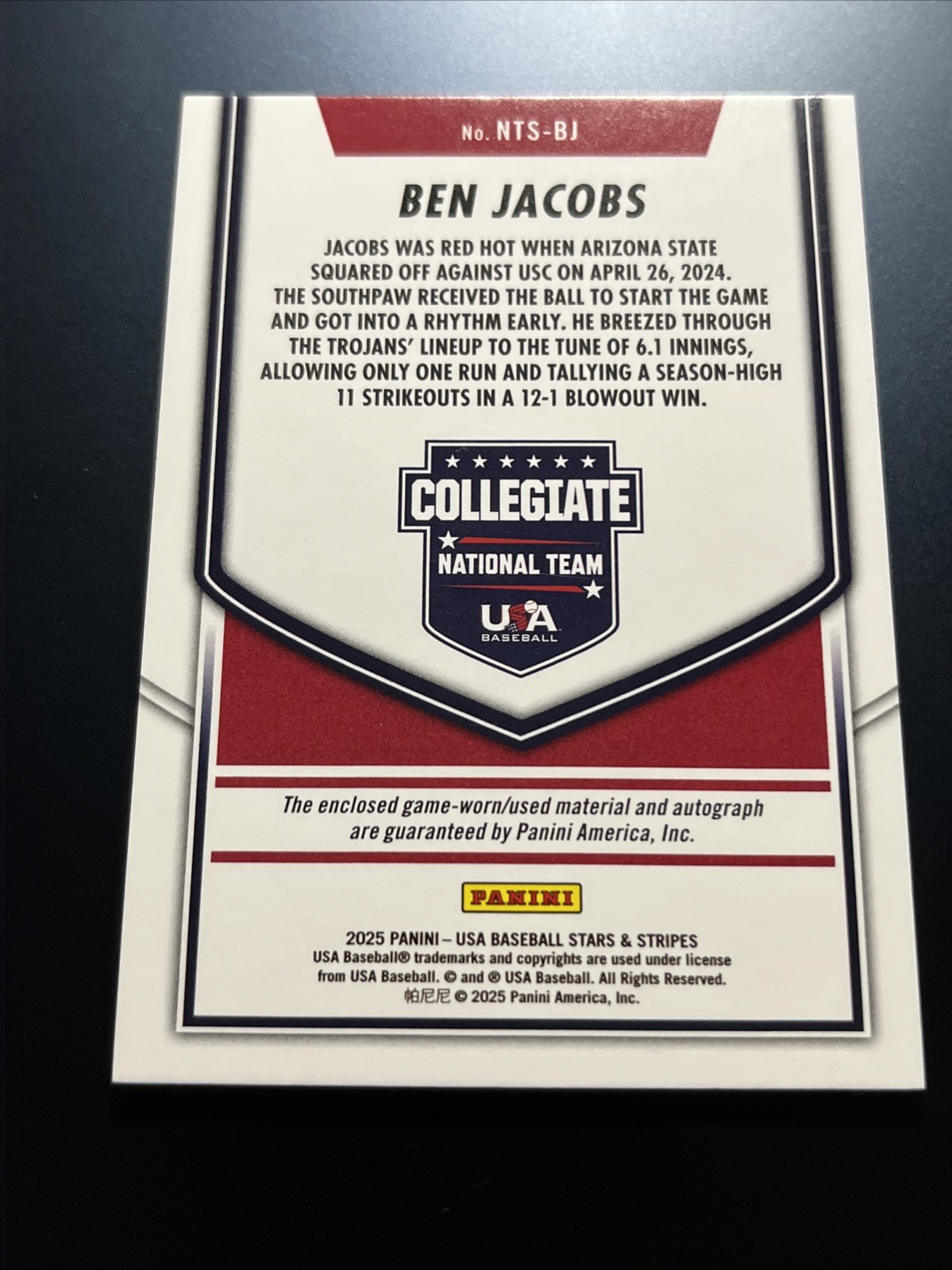 2025 Panini Stars & Stripes Ben Jacobs Game-Used Relic Auto #'d 129/199 (CL8) view 3