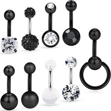 9Pcs 14G Dangle Short Belly Button Rings Clear Diamond CZ Surgical Steel Navel B
