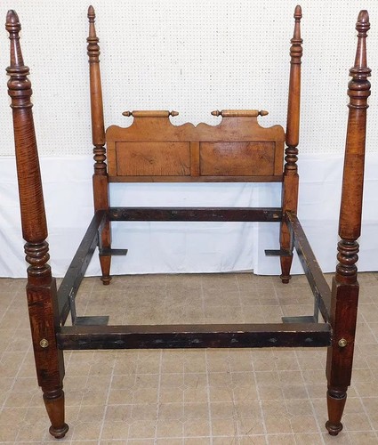 19th Century Tiger Maple Acorn Four Post Bed with Bolts & Rails