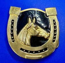 Horse Head with Horseshoe Black Enamel Inlay Western Cowboy Cowgirl Belt Buckle