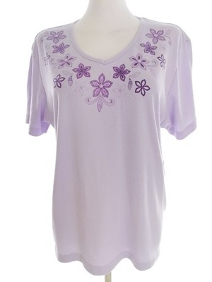 AVANT GARDE Damen Bluse Gr. M Lila Kurzer Ärmel Perlen Runder Ausschnitt