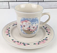 Tienshan Stoneware Cup & Saucer Pig Pal Pink Roses Blue Gingham Farmhouse Retro
