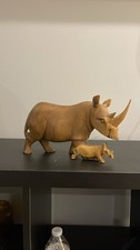 Carved Wood Rhinoceros with Calf Sculpture African Rhino Figure