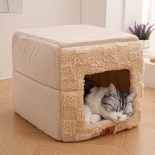 Winter Cat Bed Cave   Soft Warm Foldable Pet Tent with Removable Cushion Size S