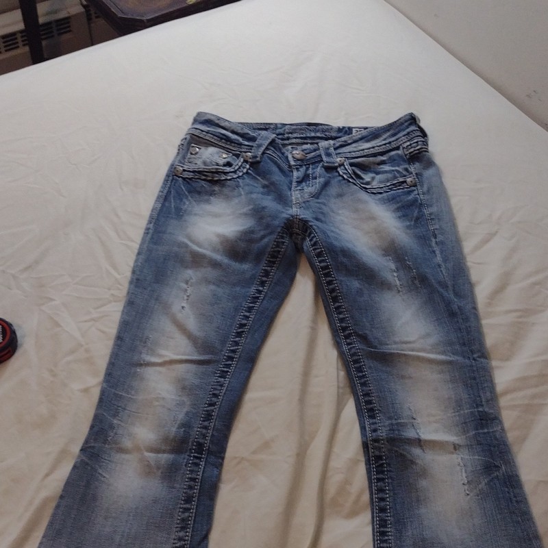 Miss Me Women’s Blue Flare  Distressed Jeans 25 Low Rise 5-Pkt Rhinestone