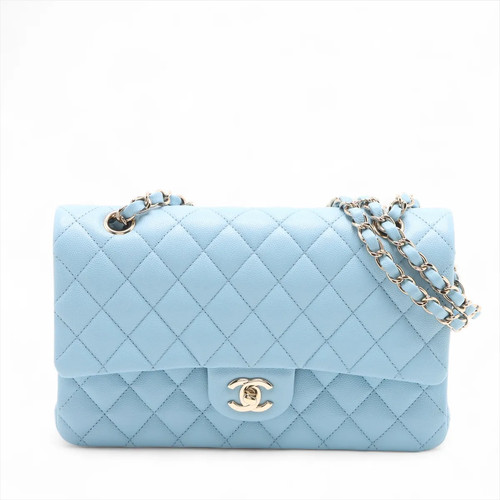 Chanel Matelasse 25 Grained Calfskin Double Flap Double Chain Bag Blue Gold Meta