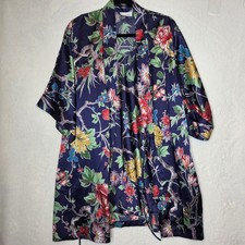 VTG NATORI Medium Nightgown  Robe Set Navy Blue Floral Asian Maximalist Moody