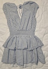 American Eagle Blue Striped Mini Dress Womens Sz M Linen Blend Tiered Ruffles